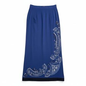 Field Manor Silk Skirt 10 Blue Midi Classic Office Side Slit Paisley